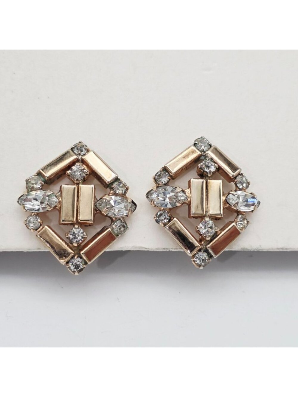 Gold-Tone Geometric Clip-On Earrings Clear Rhinestones Diamond Shape Retro Jewel